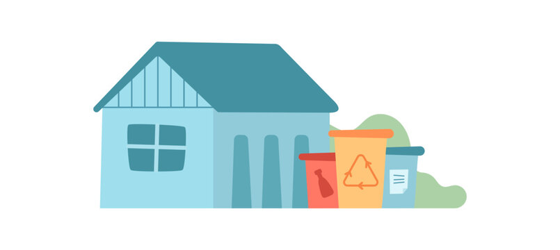 Flat eco home with waste bins front view. Suburban house with blue container and orange recycling symbol yard scene. Household curbside trash separation supports clean environment and sustainability,
