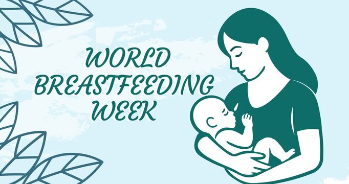 Animated awareness banner for World Breastfeeding Week featuring a mother breastfeeding her baby in a minimal flat design. On-screen text: World Breastfeeding Week and Read More 
