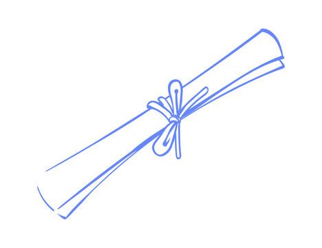Rolled note with bow and knot. Hand drawn doodle icon in blue, whimsical italian invitation letter for mail.