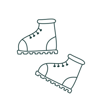 Simple hiking boots outline in doodle style. Outdoor trek shoes as travel icon and adventure symbol. Camp equipment and trekking gear with clean line in dark green. Nature trip concept, app sticker