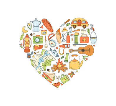 Heart camp doodle sketch with color form a playful outdoor adventure. Campfire and nature symbol fill the equipment. Creative camping graphic for travel, design in hand drawn style.