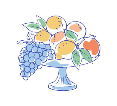Whimsical fruit bowl doodle with lemon, orange, grape and pomegranate on a simple bowl. Healthy fruit illustration in hand drawn watercolor style, cute sketch icon for italian menu, cafe decor and