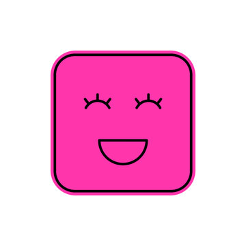Happy pink groovy badge with flat retro icon smiley and cute closed eyes. Y2k emoji as playful emoticon, trendy, positive style for retro pop culture and fun concepts.