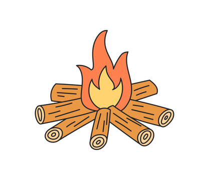 Colorful campfire doodle as outdoor sign design with bright fire. Icon symbol of camp adventure and nature in forest, with color details for summer art or graphic holiday element.
