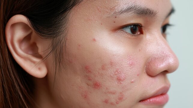acne on woman face with rash skin, scar, and red skin syndrome allergic to cosmetics, use steroids, dermatology, inflammation, infection, hygiene