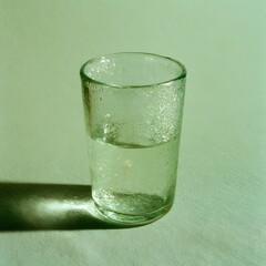 Obraz premium Hand-blown glass tumbler with condensation on sage green backdrop