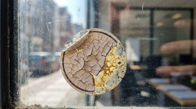 Cracked and peeling round sticker on a glass window. Old adhesive decal severely damaged by prolonged sun exposure and extreme heat