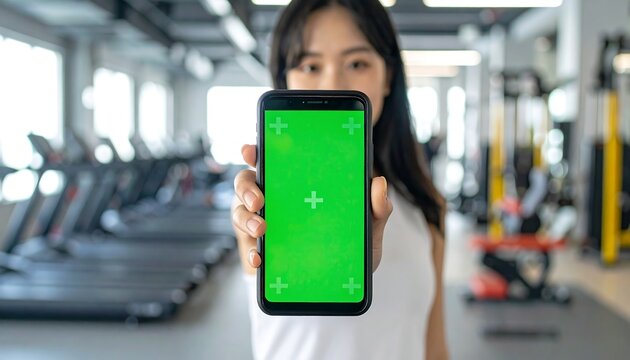 Young woman holding a smartphone with a green screen in a modern fitness gym.