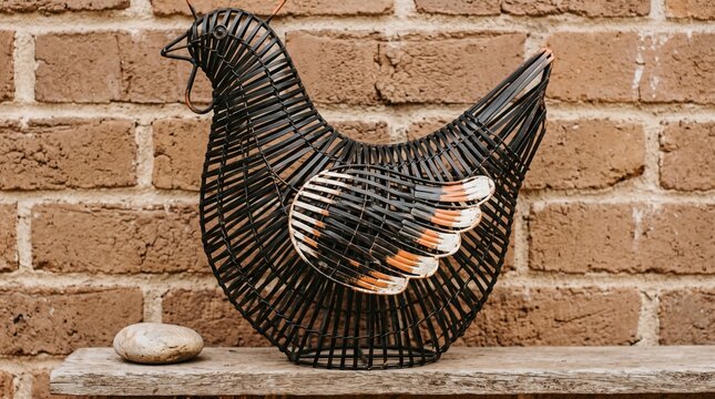 A decorative black and orange woven bird sculpture sits on a ledge against a brick wall.