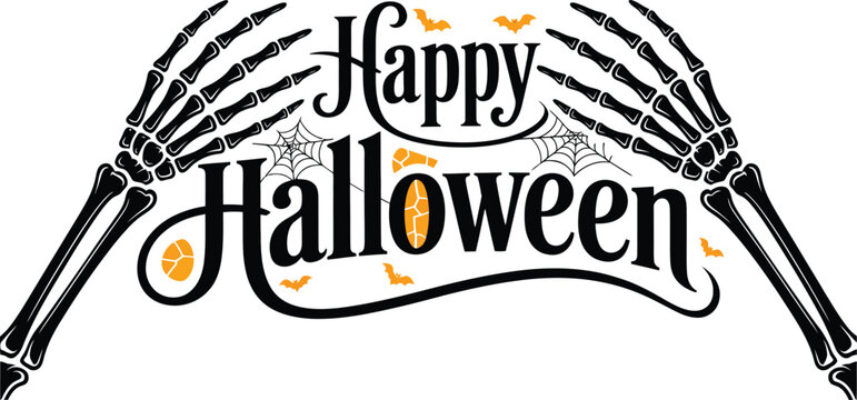 Happy Halloween vintage typography vector illustration with skeleton hands and cobwebs