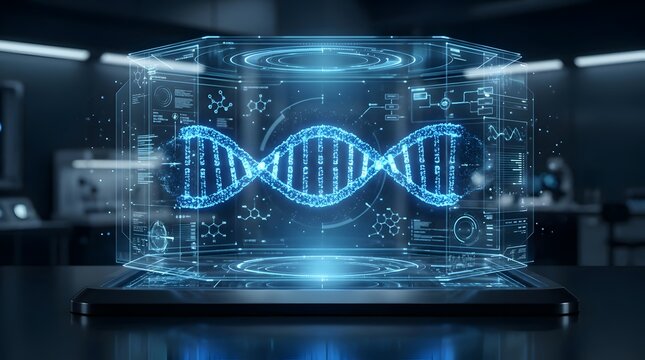 Holographic dna helix display in futuristic laboratory