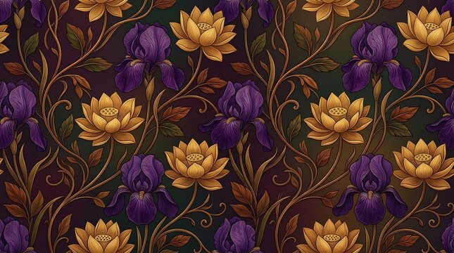 Ornate floral pattern with purple irises and golden lotus flowers
