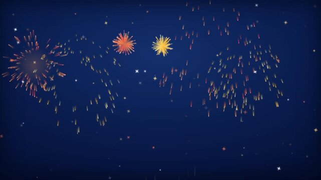 Slow-motion cascade of golden and red fireworks with delicate star patterns on a deep blue background, seamless loop