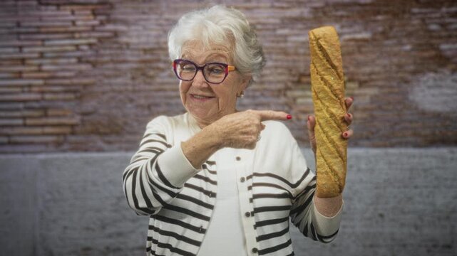 Elderly woman points finger to baguette while holding bread in front of a street wall; warm nostalgia.