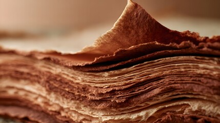 Fototapeta premium Handmade terracotta paper stack with curling corner macro texture
