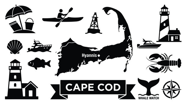 Black and white vector icon set featuring iconic Cape Cod landmarks and coastal summer vacation symbols