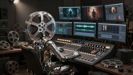 A robot with a film reel head operates audio mixing console in professional studio. © joeycheung