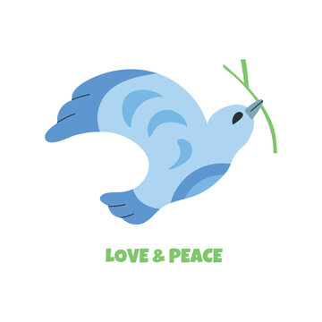 Cute flat illustration of a flying blue dove character holding a green olive branch isolated on a white background. This whimsical bird graphic features a smiling dove in flight with light blue feathe