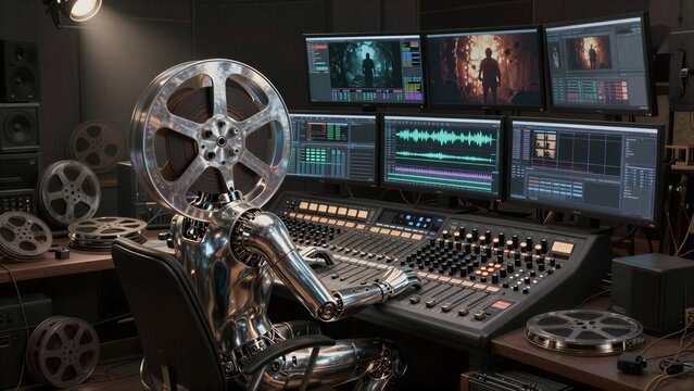 A robot with a film reel head operates audio mixing console in professional studio.