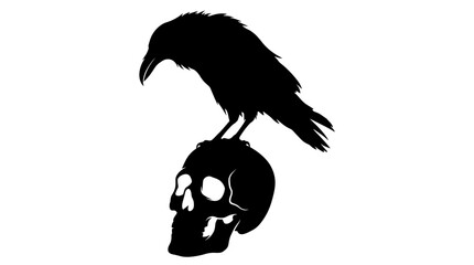 Obraz premium Silhouette of a raven perched on a human skull