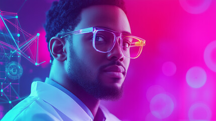 Young man wears futuristic glasses with glowing edges