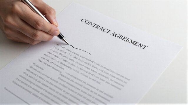 Hand signing contract agreement, formalizing legal terms and obligations.