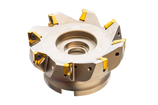 Industrial indexable face milling cutter tool for heavy duty metal machining. Features a solid steel body with multiple pockets holding replaceable carbide inserts with golden titanium nitride coating