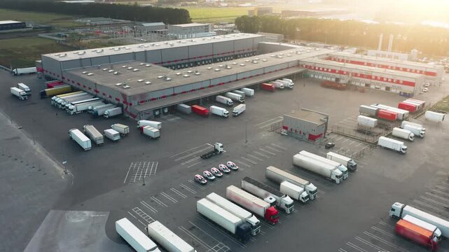 Aerial View Modern Logistics Warehouse Distribution Center | Trucks Loading at Cargo Dock Ramps Sunset | Drone Flight Supply Chain Facility