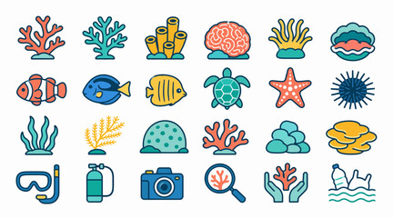 Colorful Underwater Marine Life and Diving Icons Set. © Bay