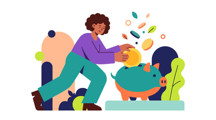 Fototapeta premium Woman putting gold coins into piggy bank vector illustration. EPS Editable. Vector Illustrations.