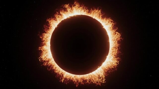 A total solar eclipse showing a fiery golden corona around a dark circular moon.