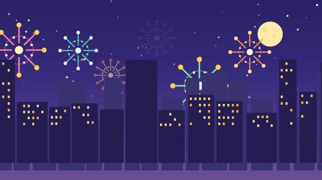 Flat-design motion graphic animation of cute, cartoon fireworks popping above a stylized city skyline at night