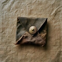 Obraz premium Overhead flat lay of waxed canvas coin pouch on linen surface