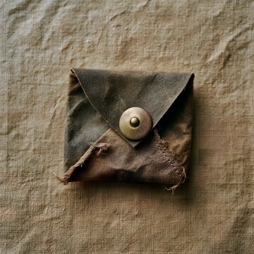 Overhead flat lay of waxed canvas coin pouch on linen surface