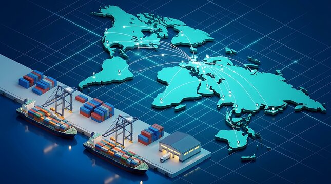 Seamless global supply chain management with cargo vessels, shipping containers, and a digital world map connecting trade routes.