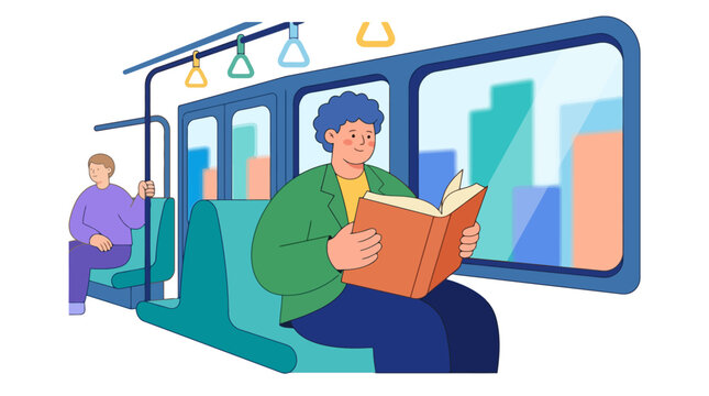 Young man reading book while commuting on public train vector illustration. EPS Editable. Vector Illustrations.