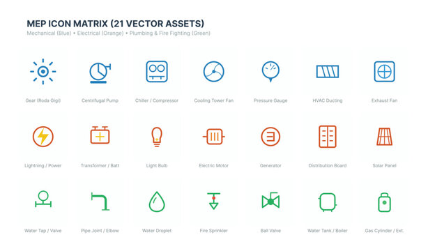 Professional Mechanical, Electrical and Plumbing (MEP) line icon collection designed for SCADA systems, industrial automation dashboards, engineering software, HMI interfaces, IoT monitoring applicati