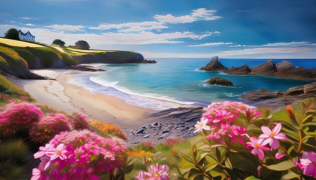 Looe Cornwall Beach With Pink Flowers Beautiful English Coast Scene