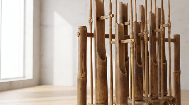 Authentic Indonesian angklung bamboo instrument with minimalist studio background and copy space for cultural, educational, tourism, and corporate branding projects.