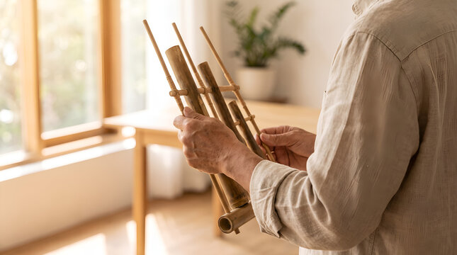 Anonymous adult playing Indonesian angklung in a modern indoor setting, suitable for culture, education, tourism, and corporate communication materials.