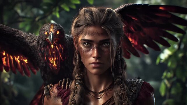 Maya Aztec civilization, Mexico culture. Mysterious, fantasy. A detailed digital artwork depicts a female warrior in a forest. She has a fierce expression, piercing green eyes, and braided hair.