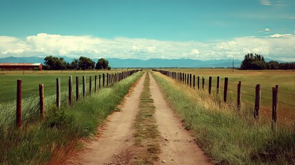 Obraz premium Scenic Dirt Road through Pasture with Mountains in the Background and Lush Green Fields Under Clear Blue Sky