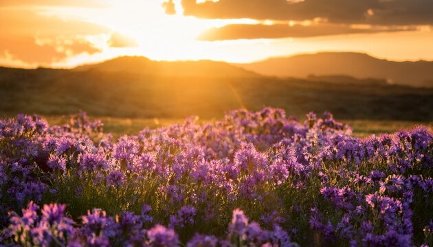 Fondo Natural De Un Campo De Flores Violetas Durante El Atardecer Recibiendo Rayos Del Ocaso