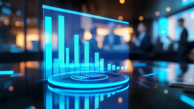 Business meeting with interactive holographic financial dashboard on conference table showcasing corporate analytics teamwork strategic planning digital innovation executive collaboration business