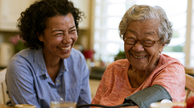 Authentic community-care moment: a community health worker measures an elderly woman's blood pressure at her kitchen table during a home visit, warm conversation and trust, natural light, copy space.