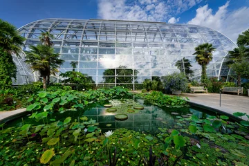 Modern show greenhouses in the Botanical Garden (Flora) in Cologne with blooming water lilies in the pond out front in summer 2026 © gehapromo