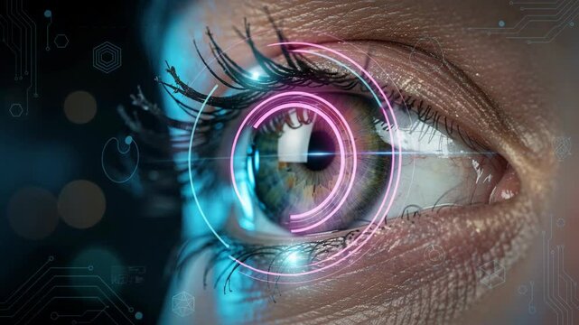 Human eye macro with vibrant iris futuristic biometric scanning interface illustrating digital identity recognition cybersecurity medical innovation vision technology advanced diagnostics intelligent