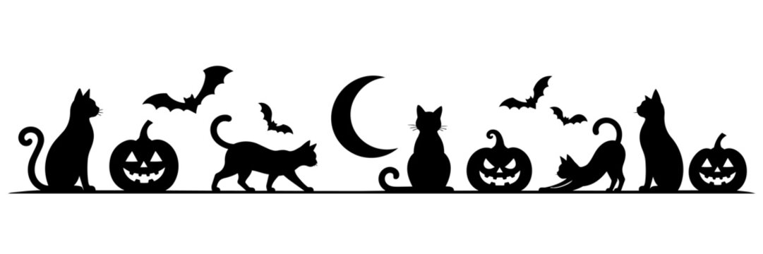 Horizontal Halloween border with cats pumpkins and bats