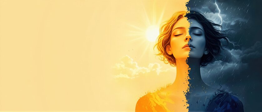 Woman with bipolar disorder showing manic and depressive mood states. Concept of mental health balance with sun and storm contrast. Banner with copy space
