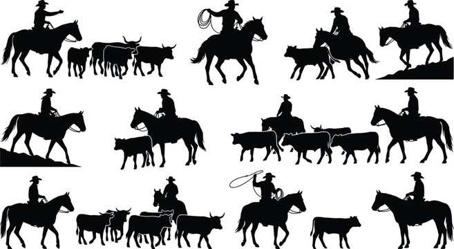Western Cowboy Cattle Herding Horse Riding Silhouette Collection with Ranch Livestock and Lasso Vector Set for Agriculture Design